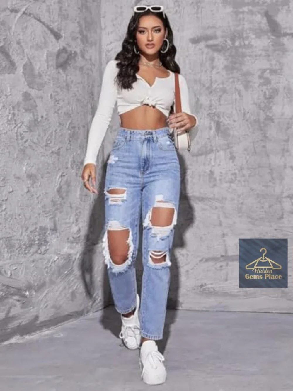 High Waist Boyfriend Straight Leg Ripped Jeans Distressed Denim Pants